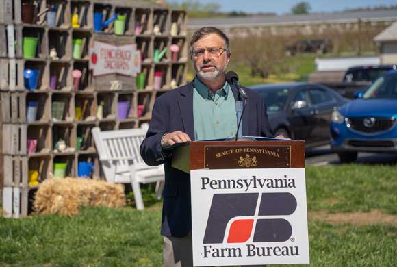 PFB President Rick Ebert speaks at a York County news conference calling for the General Assembly to pass legislation to support on-farm conservation efforts.