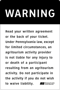 agritourism liability warning sign for farms engaged in agritourism