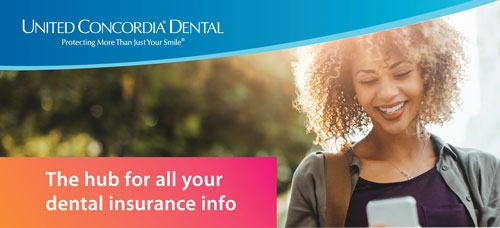 Woman checking smartphone for PFB group dental insurance information with United Concordia