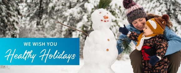 December wellness - Holiday greeting with snowman, small child and mother